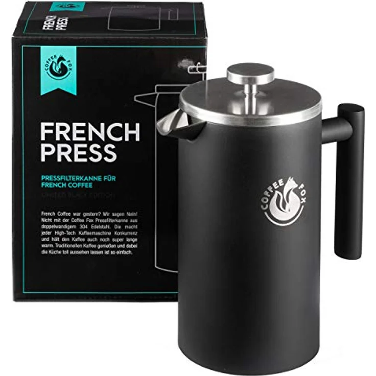 French Press Kaffeekanne aus doppelwandigem Edelstahl Schwarze Pressfilterkanne Französische Kaffeepresse – Bild 1