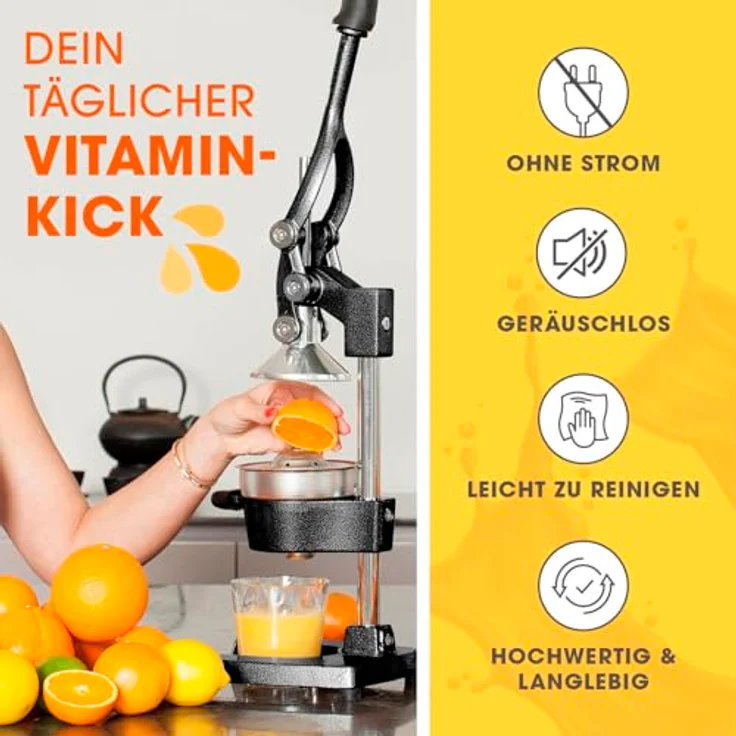 Lumaland Entsafter | Gusseisen Handpresse – müheloses Entsaften von Zitrusfrüchten | Leise Orangenpresse für Gemüse und Obst | Slow Juicer – pflegeleicht | Schwarz – Bild 2