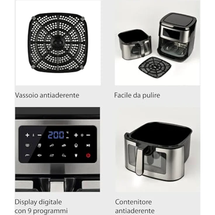 Girmi FG89 "EcoFrit XXL" Luftfritteuse mit Fenster, 9,2 Liter, 2150 W, Timer, Schwarz/Stahl – Bild 4