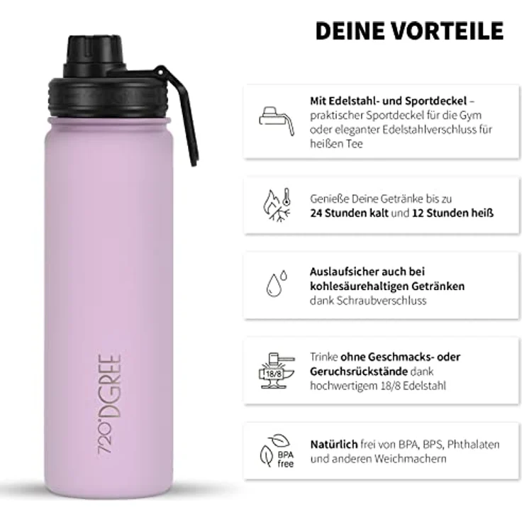 720°DGREE Edelstahl Trinkflasche 710ml “noLimit”, Auslaufsicher, BPA-Frei, Kohlensäure geeignet, Thermosflasche mit Schraubverschluss und Gratis Sportdeckel für Kinder und Fitness – Bild 2