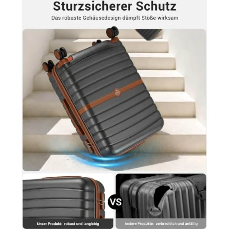 KONO Koffer Set 3-teilig, Hartschalenkoffer aus ABS+PC, leicht, grau/braun, 360° drehbare Doppelrollen, integriertes Zahlenschloss – Bild 3