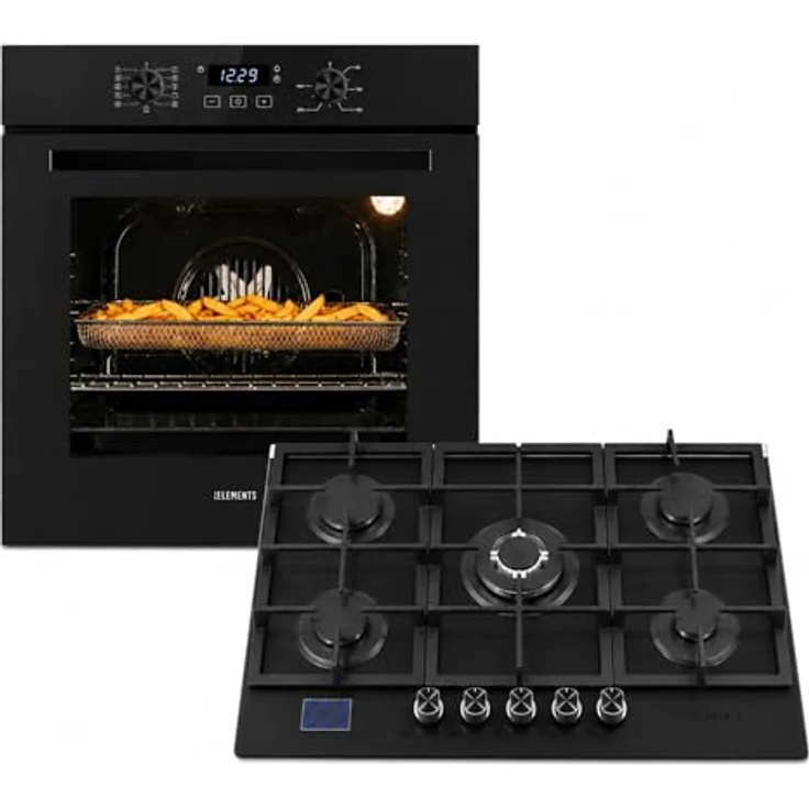 KB ELEMENTS Gas Herdset, 60cm Einbaubackofen mit 5-flammigem Gaskochfeld, Timer, Kindersicherung, Grill, Air Fry Funktion und STEAM CLEAN – Bild 1