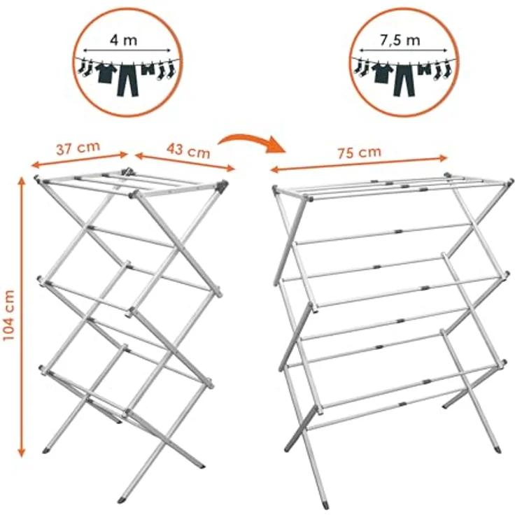 Spetebo Teleskop Wäscheständer, ausziehbar und klappbar, 4-7,5 m Trockenlänge, weiß, 104 x 43-75 cm – Bild 2