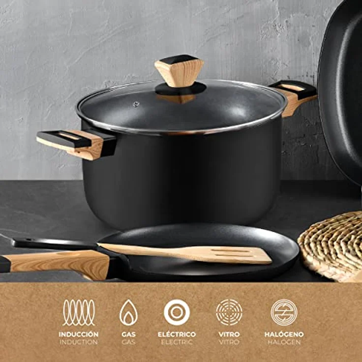 BERGNER Earth | Küchentopf 24 cm mit Deckel | Farbe Schwarz | Aus gepresstem Aluminium mit ergonomischen Holzgriffen | Küchenhelfer | kompatibel mit allen Küchenarten – Bild 3