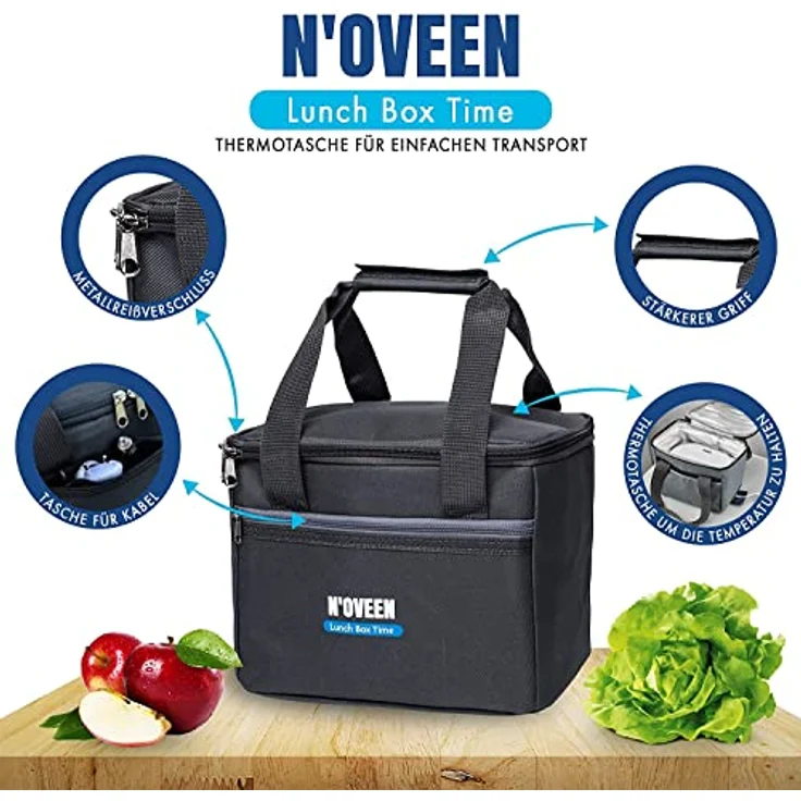 NOVEEN Elektrische Lunchbox LB 410 Grey Speisenwärmer Edelstahl Warmhaltebox Tragbare Food Box für Nahrung, Isolierte Essenstasche Picknicktasche mit Gürtel – Bild 3