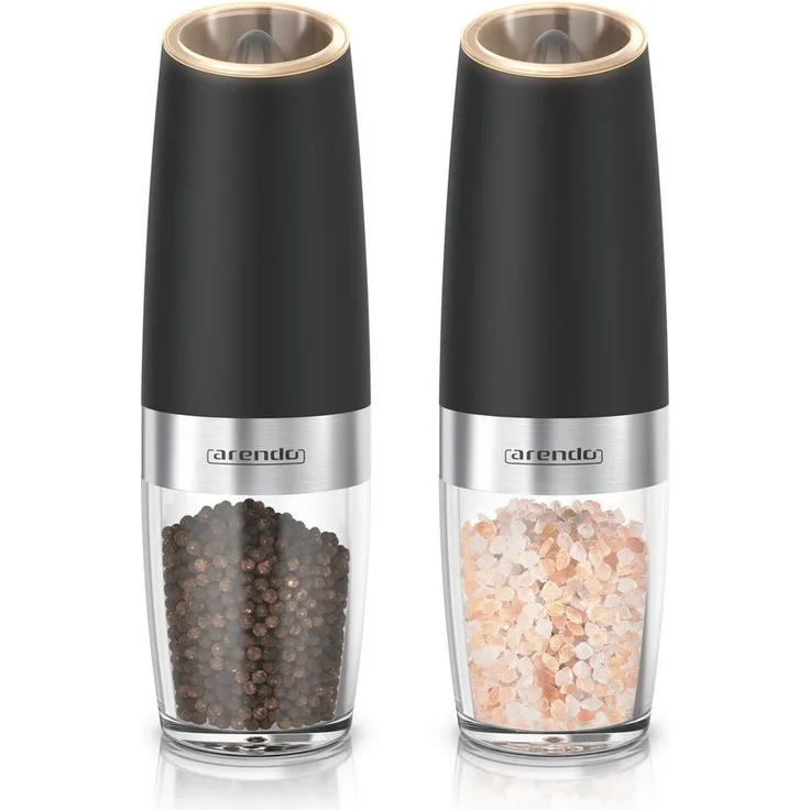 Arendo Elektrische Salz-/Pfeffermühle & Pfeffermühle, 2er Set mit Keramikmahlwerk, stufenlos einstellbar, LED-Beleuchtung, Kippsensor, Edelstahl