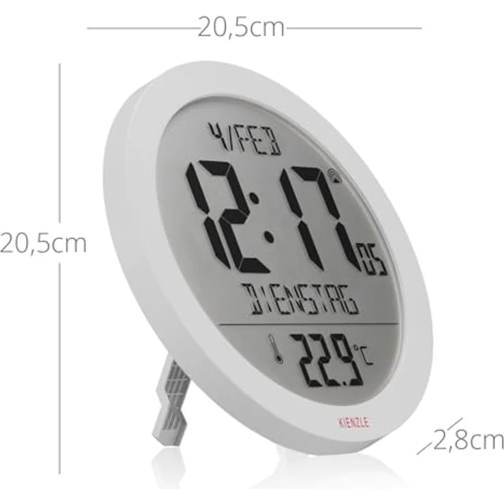 Kienzle Funkwanduhr Tischuhr mit 18,7 cm Display, DCF-Zeit, Datum und Temperaturanzeige, 2 Weckzeiten, Schlummerfunktion, weiß – Bild 5
