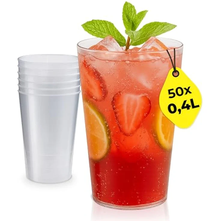 Silverkitchen 50x Mehrweg Plastikbecher 0,4 L – Stapelbare spülmaschinenfeste Hartplastik Becher für Partys & Gastronomie, BPA-frei – Bild 1