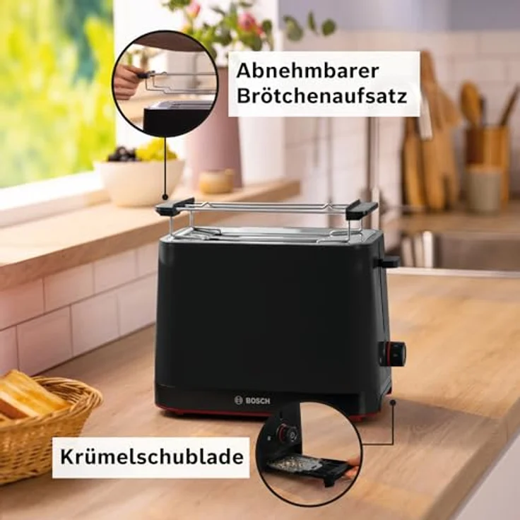 Bosch Kompakt Toaster MyMoment TAT3M123, entnehmbarer klappbarer Brötchenaufsatz, mit Auftaufunktion, Abschaltautomatik, Liftfunktion, Brotzentrierung, ideal für 2 Scheiben, 800 Watt, Schwarz matt – Bild 3