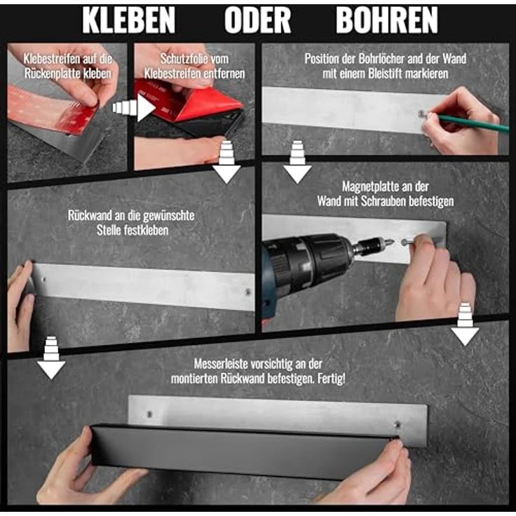 POPPSTAR Edelstahl Messer Magnetleiste 40cm, schwarz, mit extra starkem Magnet, selbstklebend und schraubbar – Bild 4