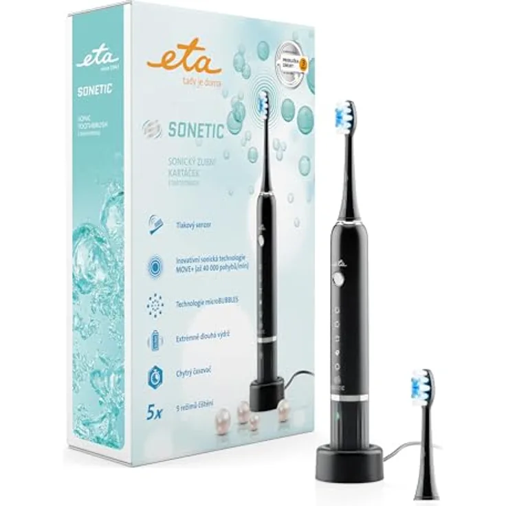 ETA elektrische Schallzahnbürste Sonetic I 5 x Reinigungsmodi I bis zu 40000 Bürstenkopfbewegungen/Minute I Drucksensor I Timer I 3,7 V Li-Ion-Akku I IPX7 I 2 Ersatzköpfe I Schwarz