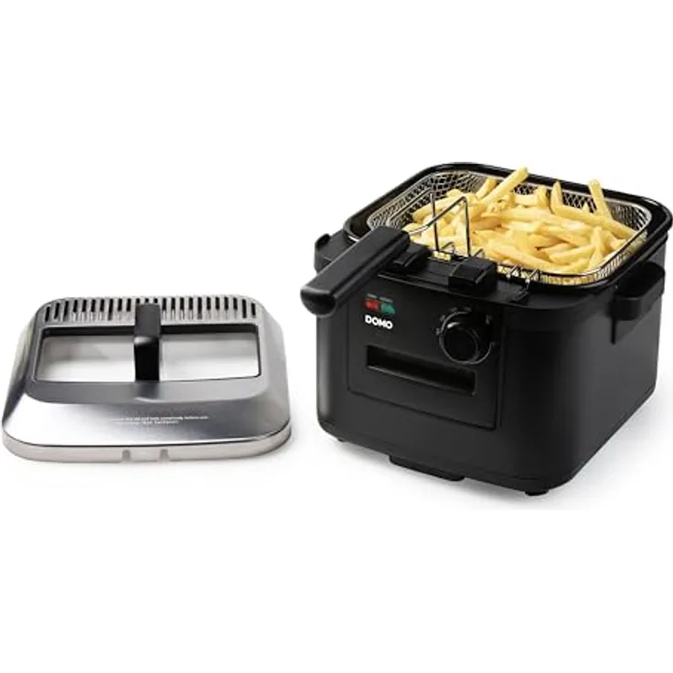 DOMO DO545FR Fritteuse mit Kaltzone, 4 L, 2000 W, Sichtfenster und Edelstahldeckel, schwarz