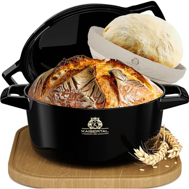 K KAISERTAL 26cm emaillierter Gusseisen Topf Brot Backen - Brotbackform mit Deckel + Gärkorb, backofengeeignet, traditionelle Wärmeleitung - Schwarz