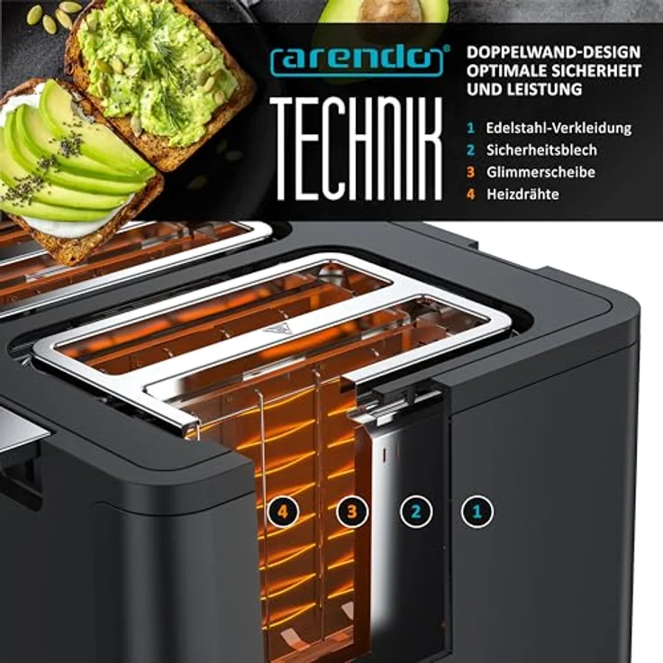 Arendo 4-Scheiben-Toaster Edelstahl, Display, 6 Bräunungsstufen, schwarz, herausnehmbare Krümelschublade – Bild 5