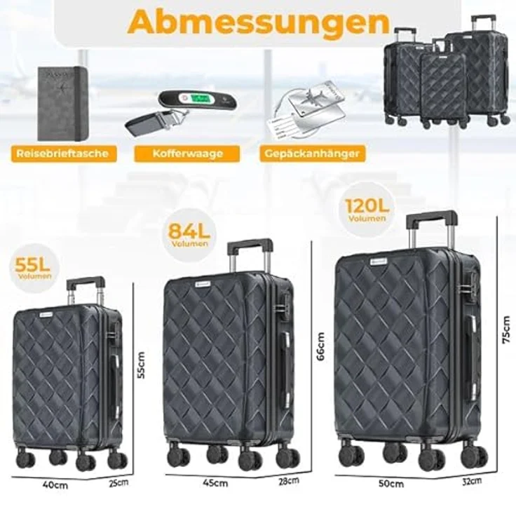 KESSER® Reisekoffer Set 3-teilig, ABS Hartschalenkoffer mit Zahlenschloss, Kofferwaage & Reisebrieftasche, 360° Rollen, Handgepäck & große Koffer für Business & Reisen, Charcoal – Bild 2