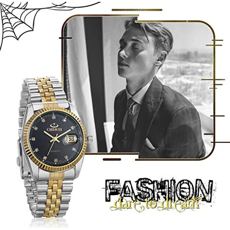 JewelryWe Paar Uhr Analog Quarz mit Kalender, 30M wasserdicht, Edelstahl Armband, schwarz Strass Zifferblatt – Bild 3
