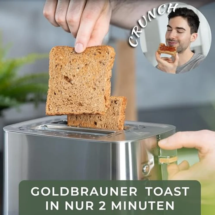 WALDWERK Design Toaster aus 304 Edelstahl und Eichenholz, für 2 Scheiben mit Brötchenaufsatz, extra breite und tiefe Toastkammern, mit Krümelschublade – Bild 3