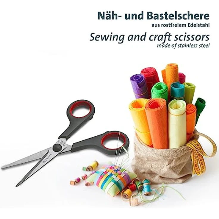 Westmark Bastelschere 14 cm – Haushaltsschere ideal für das Schneiden von Kunststoff, Papier, Pappe und mehr – rostfreier Edelstahl, schwarz, rot – Bild 3