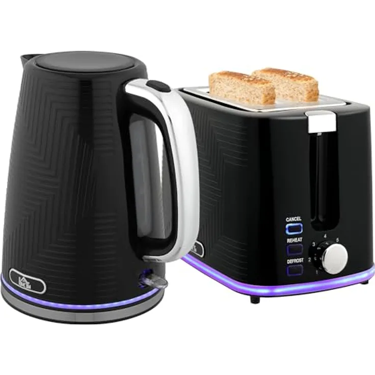 HOMCOM Toaster-Set mit Wasserkocher, 2200 W, 2-Schlitz-Toaster mit 7 Bräunungsstufen, Schwarz