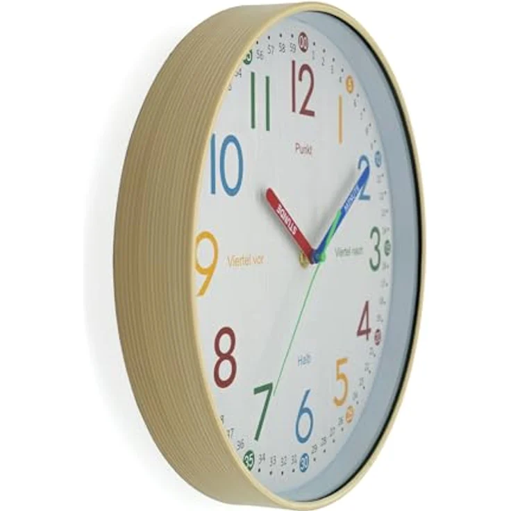 K&L Wall Art Wanduhr Holzoptik Lernuhr Kinderuhr leise Kinderwanduhr modern (Kinderlernuhr ohne Tickgeräusche) in Bunt, 30 cm Durchmesser, Kunststoffrahmen – Bild 7