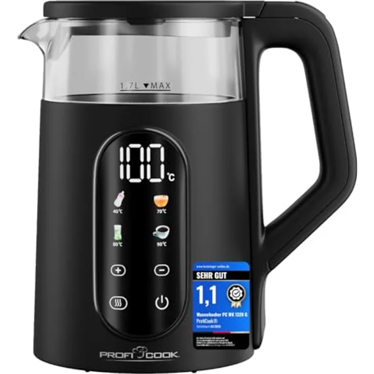 ProfiCook® PC WK 1328 G Wasserkocher, 1,7L mit Temperatureinstellung 40-100°C, Schnellstartfunktion, 2200W, wärmeisolierter Glasbehälter, Warmhaltefunktion, Einhandbedienung, BPA frei