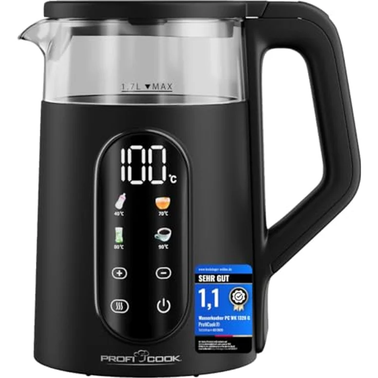 ProfiCook® PC WK 1328 G Wasserkocher, 1,7L mit Temperatureinstellung 40-100°C, Schnellstartfunktion, 2200W, wärmeisolierter Glasbehälter, Warmhaltefunktion, Einhandbedienung, BPA frei – Bild 1