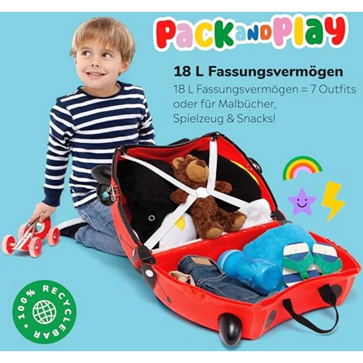 TRUNKI Kinderkoffer Harley Marienkäfer (Rot) | Handgepäck und Kinderkoffer zum Draufsitzen | Ideal für Reisen und Abenteuer – Bild 4