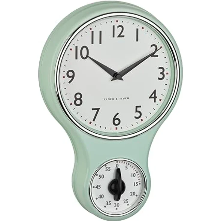 TFA Dostmann Analoge Retro-Wanduhr mit Timer, 60.3073.20, Eieruhr bis 60min, Vintage Design, Mint-grün – Bild 1