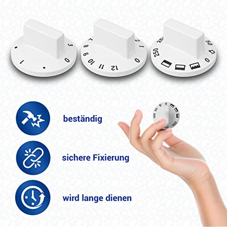 VIOKS Herd Drehknopf Set - 9x Drehknopf Herd Universal - Herd Ersatzteile Drehknopf 6mm Weiß, 52mmØ Knöpfe & Schalter für Backöfen & Herde – Bild 5