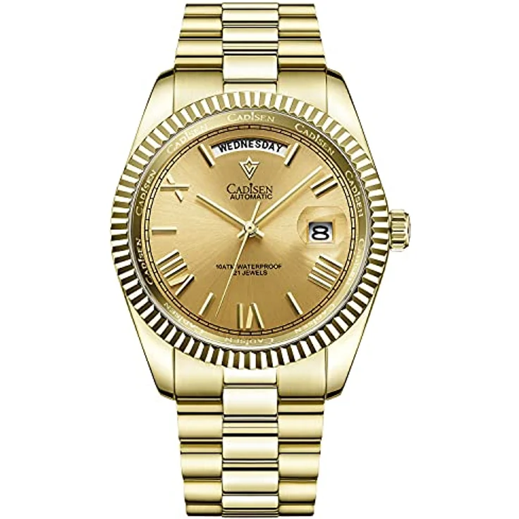 CADISEN Automatik Uhr Herren MIYOTA 8285, Mechanische Automatikuhr mit Saphirglas, Edelstahlarmband, goldfarben, wasserdicht bis 100 m – Bild 1