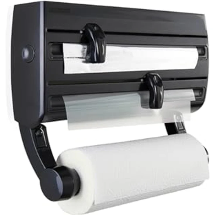 Leifheit Wandrollenhalter Parat F2 ComfortLine-Serie für insgesamt 3 Rollen, Folienschneider mit Abstellfläche für Gewürze und abnehmbarem Küchenrollenhalter, schwarz – Bild 2
