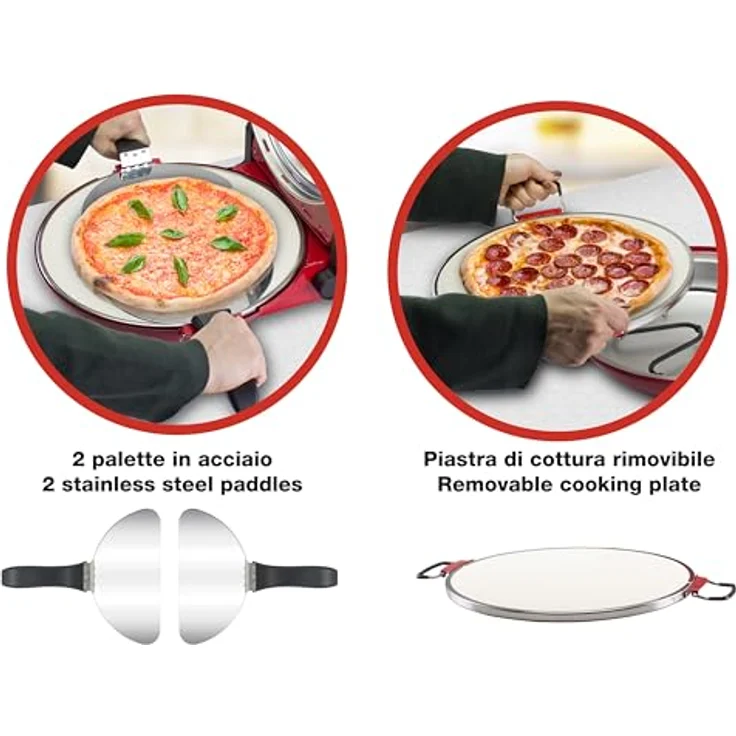 Beper P101CUD301 Pizzaofen mit Bullauge, 400°C, 31 cm Keramikplatte, 5 Kochstufen, 15-Minuten-Timer, wärmeisolierte Griffe, Edelstahlpaddel – Bild 4