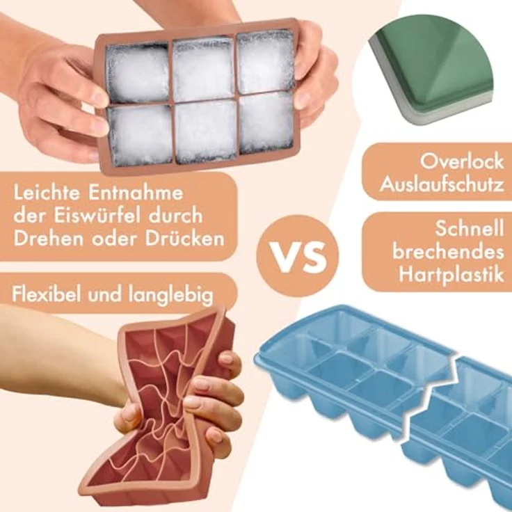 Blumtal Eiswürfelformen Silikon 3er Set, BPA-frei, lebensmittelecht, mit Deckel, leicht entnehmbar, olivgrün + mineralrot – Bild 3