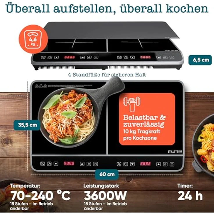 Stillstern Doppel-Induktionskochplatte ChefKoch Xtreme Duo 3600W, Glaskeramik, TurboBoost Technologie, 24h Timer – Bild 6