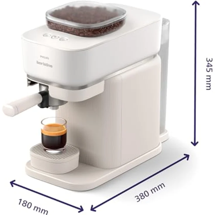 PHILIPS Baristina Espressomaschine und Milchaufschäumer Paket. Real Espresso- made simple. Naturweiß mit naturweißem Siebträger- 16-bar-Pumpendruck- automatisches Mahlwerk- Cafe Crema (BAR303/00) – Bild 3