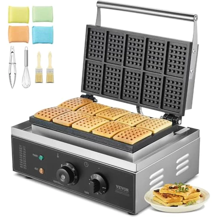 VEVOR Kommerzielles Waffeleisen 1550 W, Edelstahl mit antihaftbeschichteten Platten, Temperatur- und Zeitregelung, für 10 rechteckige Waffeln