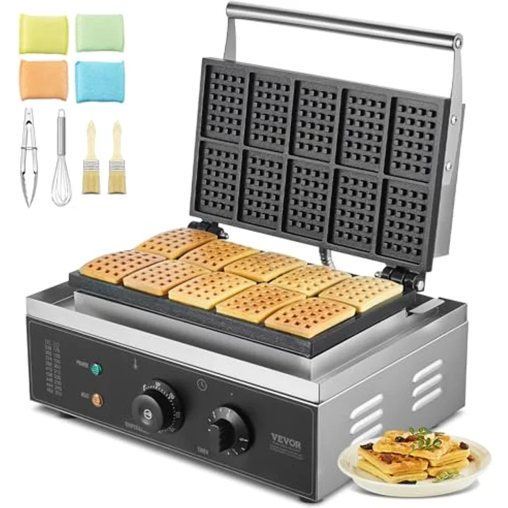 VEVOR Kommerzielles Waffeleisen 1550 W, Edelstahl mit antihaftbeschichteten Platten, Temperatur- und Zeitregelung, für 10 rechteckige Waffeln – Bild 1