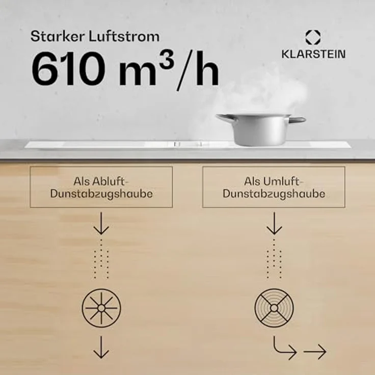 Klarstein Chef-Fusion Induktionskochfeld Mit Dunstabzug - 7.200-W-Flex-Zone, 610 m³/h Saugleistung, Energieeffizienzklasse A, Touch-Bedienung, Glasoberfläche, 90 cm, Schwarz – Bild 5