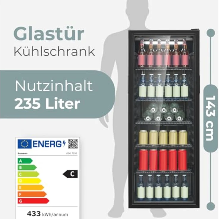 BOMANN Getränkekühlschrank KSG 7292, 143 cm, 236 Liter Nutzinhalt, MultiAirflow-System, Energieklasse C, beleuchtet, rechts anschlagbar – Bild 2
