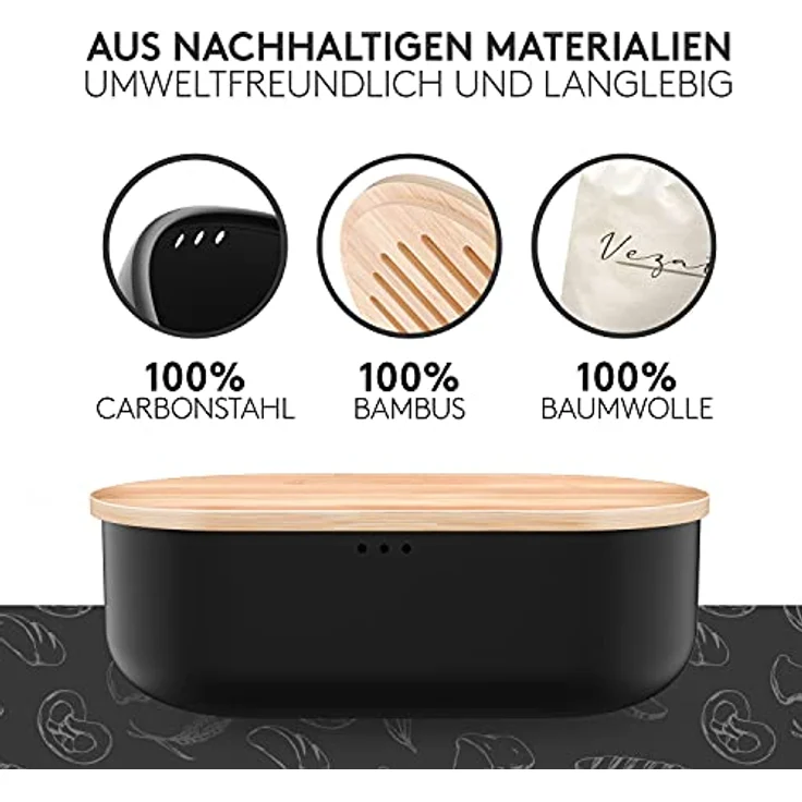 Vezato Brotbox – Nachhaltiger Brotkasten für lange Frische dank spezieller Beschichtung – Extra großer Brotkorb mit Bambusdeckel & Schneidebrett – Nachhaltiger Brotbehälter inkl. Brotsack – Bild 3