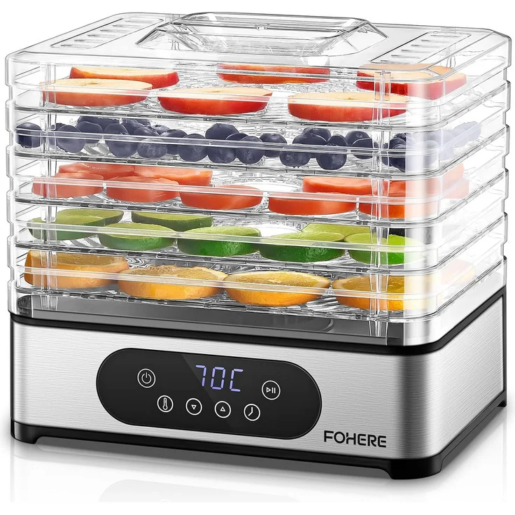 FOHERE Dörrautomat Dörrautomat mit 5 Tabletts, 420W, 48h-Timer, 35-70°C für Obst und Fleisch, BPA-frei, leise, platzsparend