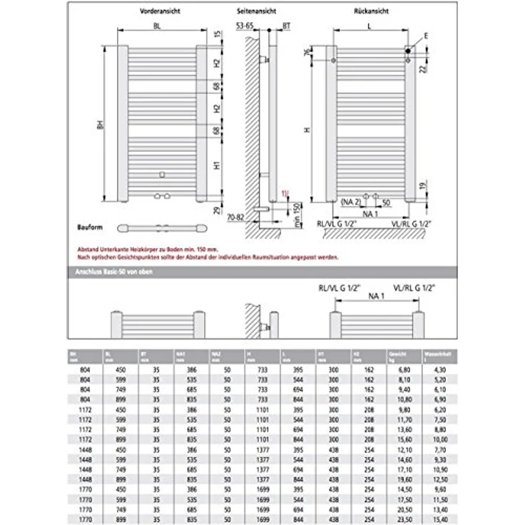 Kermi Basic-50 Badheizkörper 45 x 145 cm, weiß RAL 9016, Heizleistung 348 Watt – Bild 5
