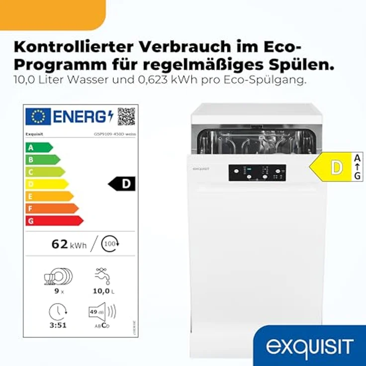 Exquisit GSP9109-450D, Geschirrspüler für 9 Maßgedecke, 4 Programme, Eco 10 L, Startzeitvorwahl, Aquastop, weiß – Bild 3