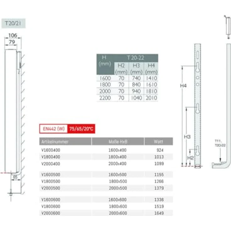 Belrad Vertikal Heizkörper Plan Typ 20, glatte Front aus Stahl, pulverbeschichtet, 1649 W Heizleistung, Wandmontage, Schwarz Matt, 2000 x 600 mm – Bild 3