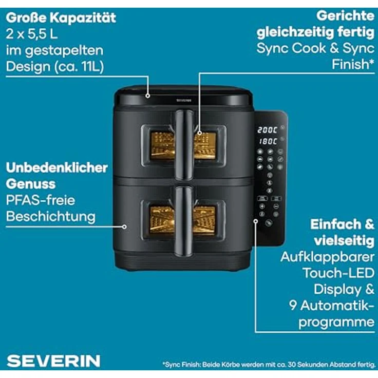 SEVERIN Severin® S-Fry Duo Stack Heißluftfritteuse FR 9598, 11 Liter, 9 Automatikprogramme, einklappbares LED-Touch-Display – Bild 4