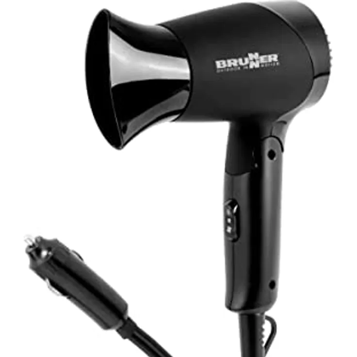 BRUNNER 7202818N Phon Reise-Haartrockner, 12 V, faltbar, platzsparend, Monsun, Schwarz