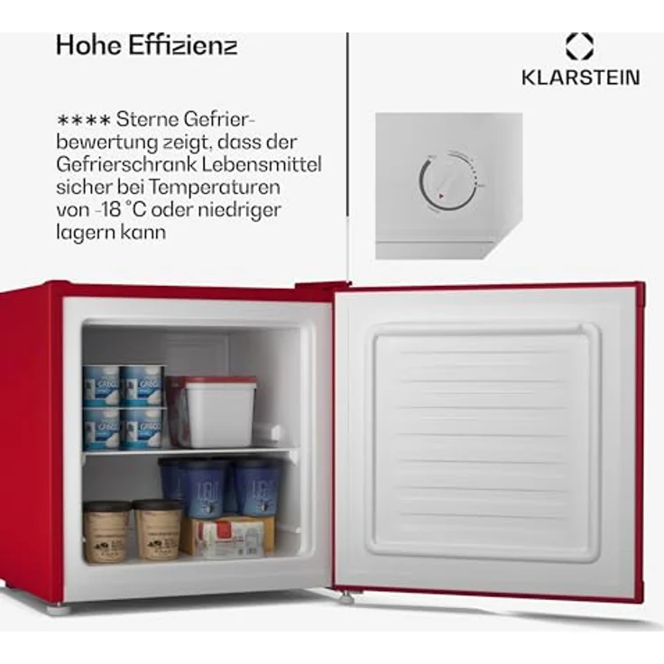 Klarstein Irene Retro Mini-Gefrierschrank, 31L, Flexibler Temperaturbereich -24 °C bis 10 °C, Energieeffizienz C, Leise 38 dB, Kompaktes Design, Rot – Bild 4