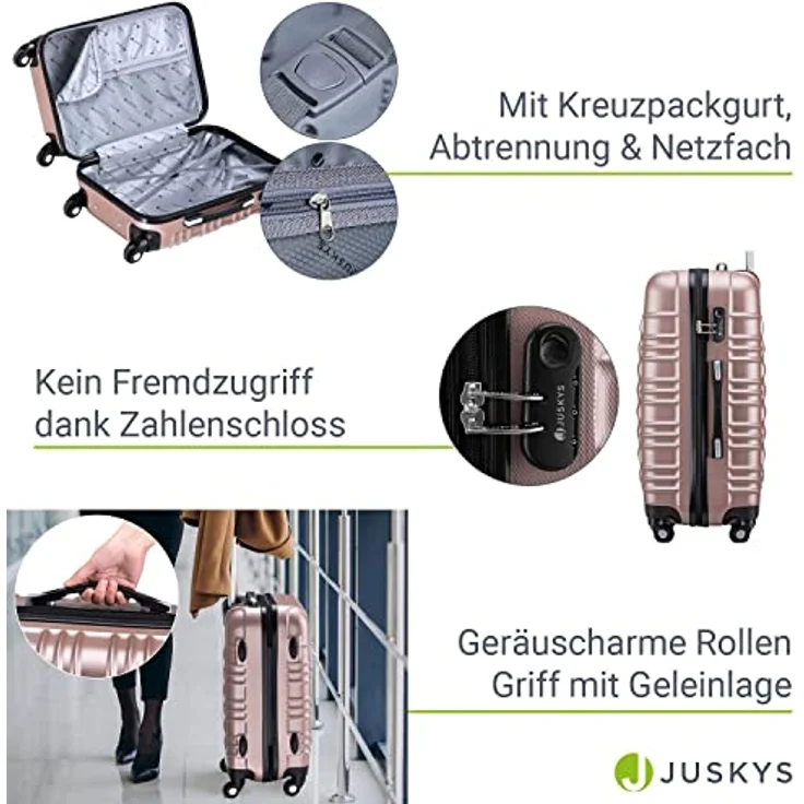 Juskys Hartschale Kofferset Reisekoffer 4 teilig - Zahlenschloss, geräuscharme 360° Rollen groß, Teleskopgriff, leicht - Koffer in Rosa – Bild 5