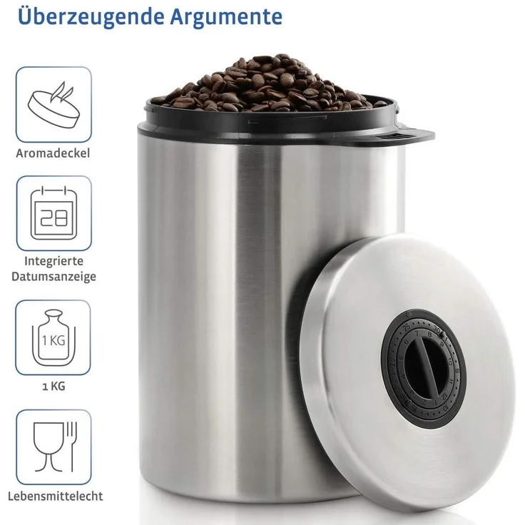 Xavax Kaffeedose luftdicht für 1kg Kaffeebohnen (Behälter für Kaffee, Tee, Kakao, Nudeln, Edelstahl Dose zur Aufbewahrung mit Aromaverschluss, Vorratsdose für 1000g Kaffee) silber – Bild 4