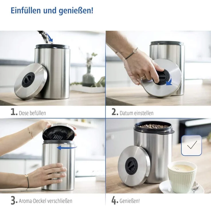 Xavax Kaffeedose luftdicht für 1kg Kaffeebohnen (Behälter für Kaffee, Tee, Kakao, Nudeln, Edelstahl Dose zur Aufbewahrung mit Aromaverschluss, Vorratsdose für 1000g Kaffee) silber – Bild 5